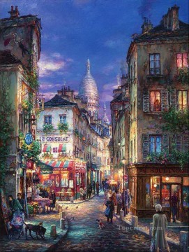 Landscapes Painting - Stroll Montmartre cityscape street shops